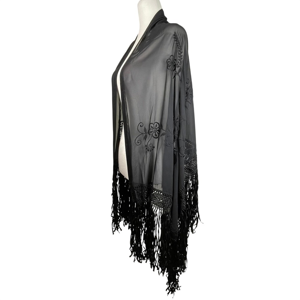 Black‎ Sheer Fringe Embroidered Kimono Shawl One Size Whimsigoth Boho